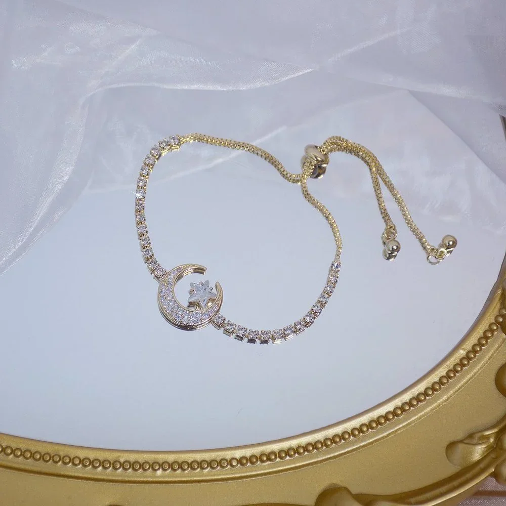 NEW 14K Gold Plated Diamond Moon Star Bracelet